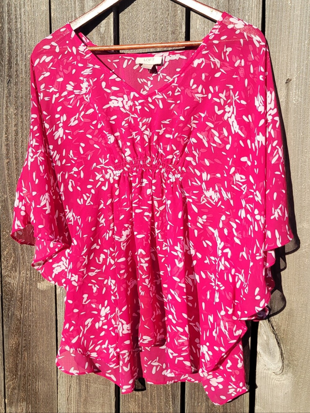 Loft Pink Floral V-Neck Sheer Flutter Sleeve Blouse Flowy Bohemian Cottagecore S